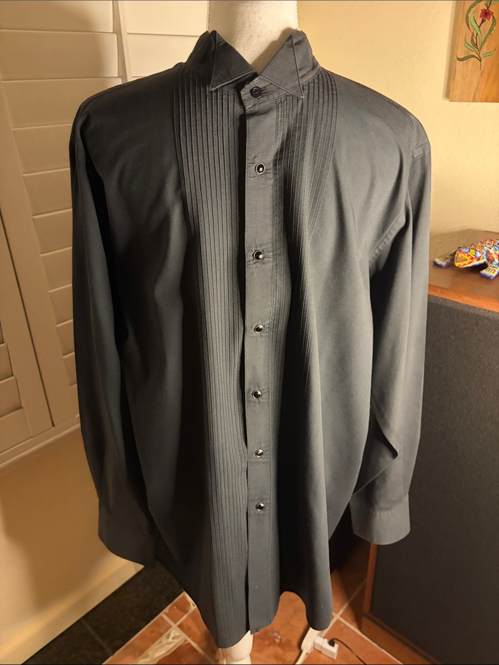 🤠🗯Vintage Ely Western Black Tuxedo Shirt W/Black Enamel Snap Buttons Sz L